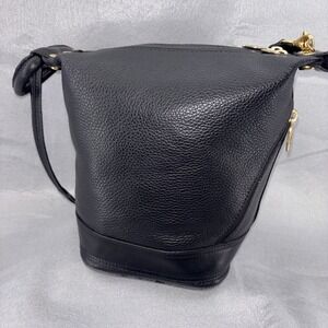 VALENTINA Italy Black Pebble Leather Gold Studded Zip Strap Backpack Convertible